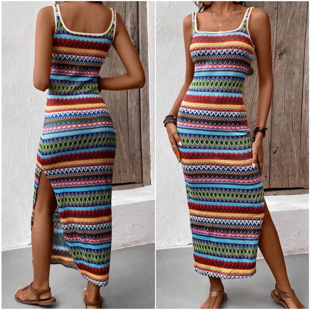 Boho Multicolor Chevron Print Fitted Tank Maxi Dress XS S M L